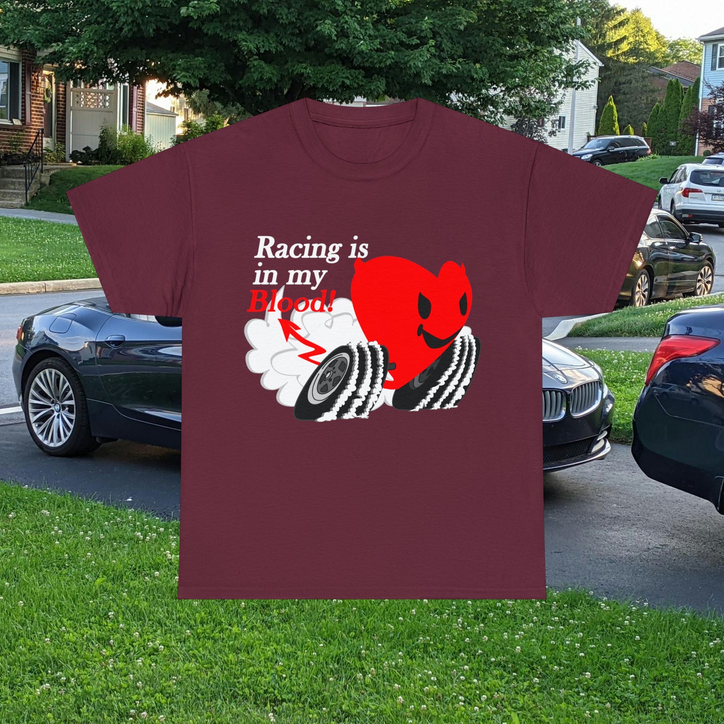 Racing is in my blood on front side- Unisex Heavy Cotton Tee