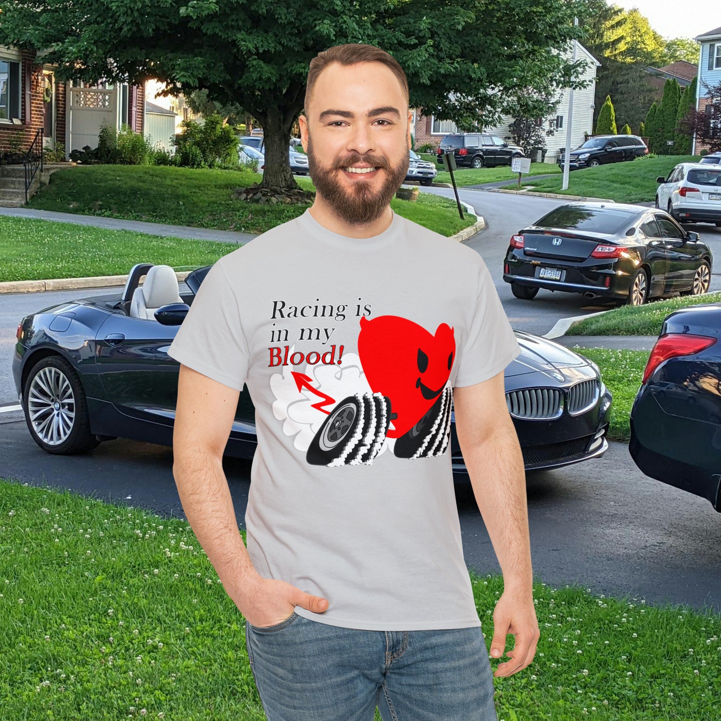 Racing is in my blood on front side- Unisex Heavy Cotton Tee