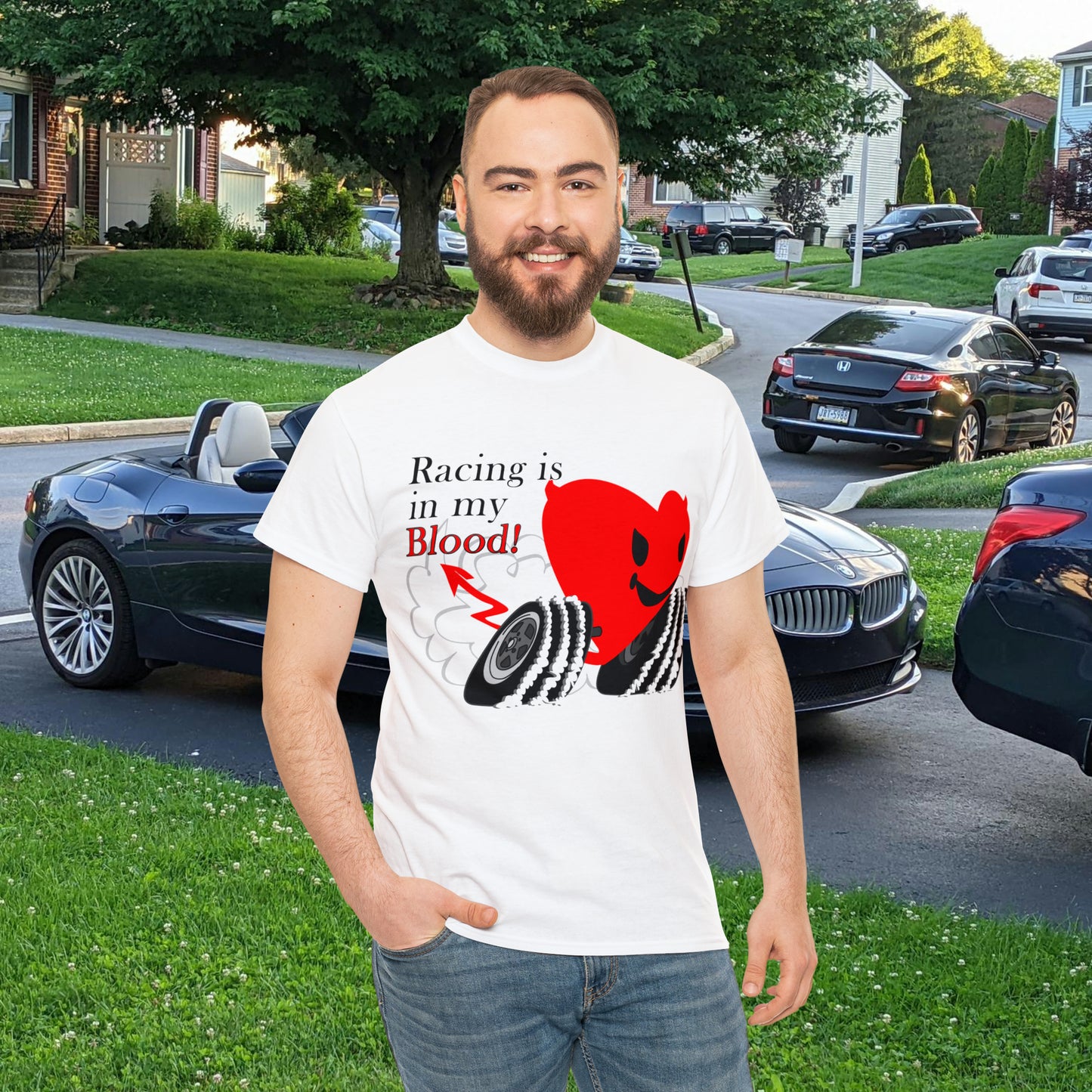 Racing is in my blood on front side- Unisex Heavy Cotton Tee