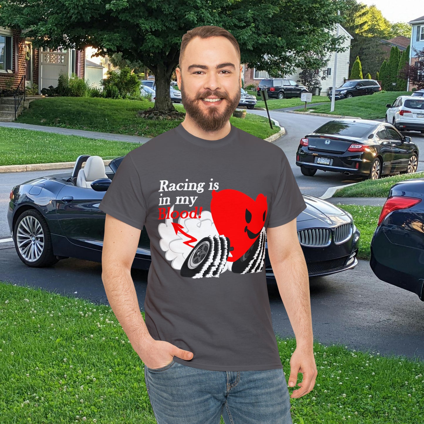 Racing is in my blood on front side- Unisex Heavy Cotton Tee