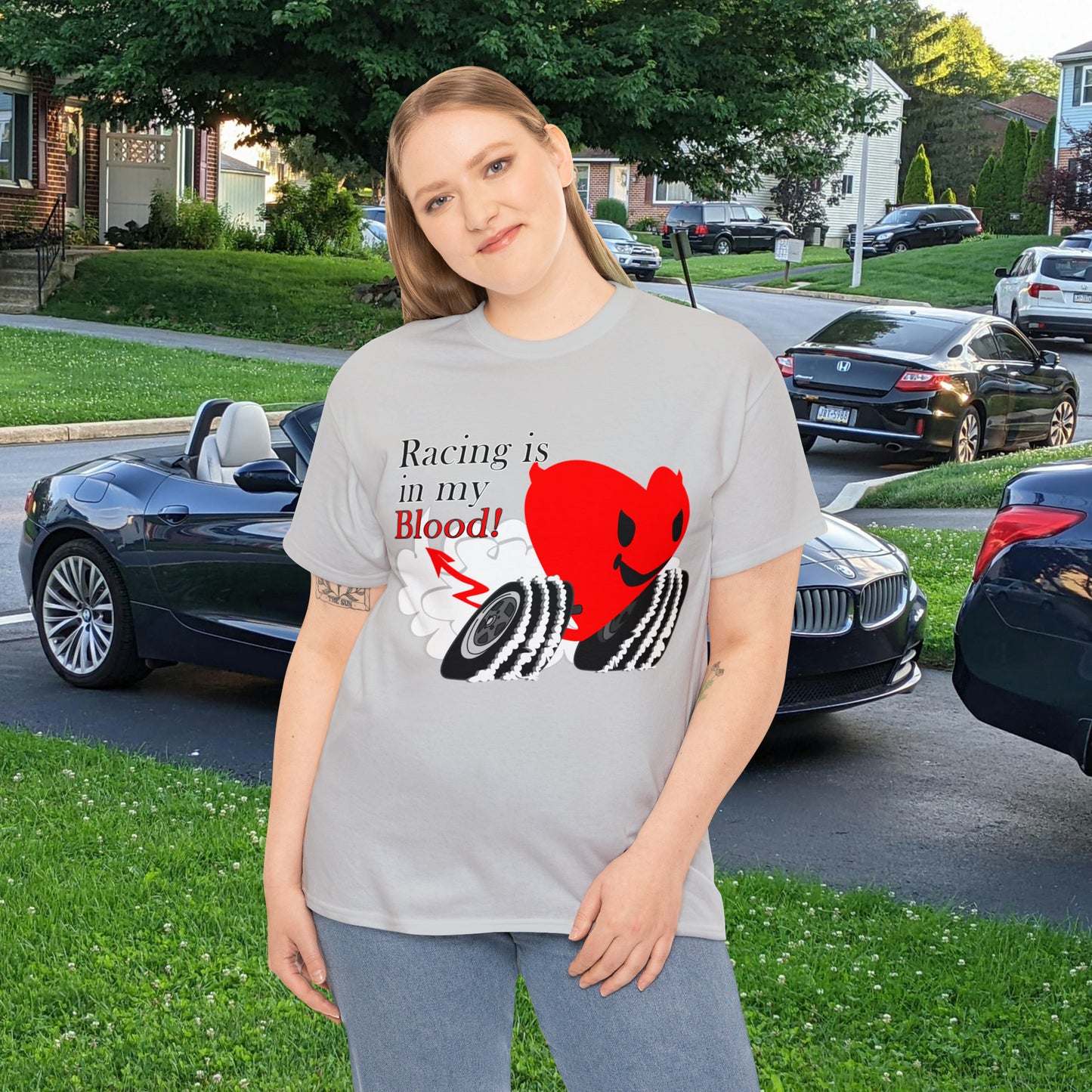 Racing is in my blood on front side- Unisex Heavy Cotton Tee