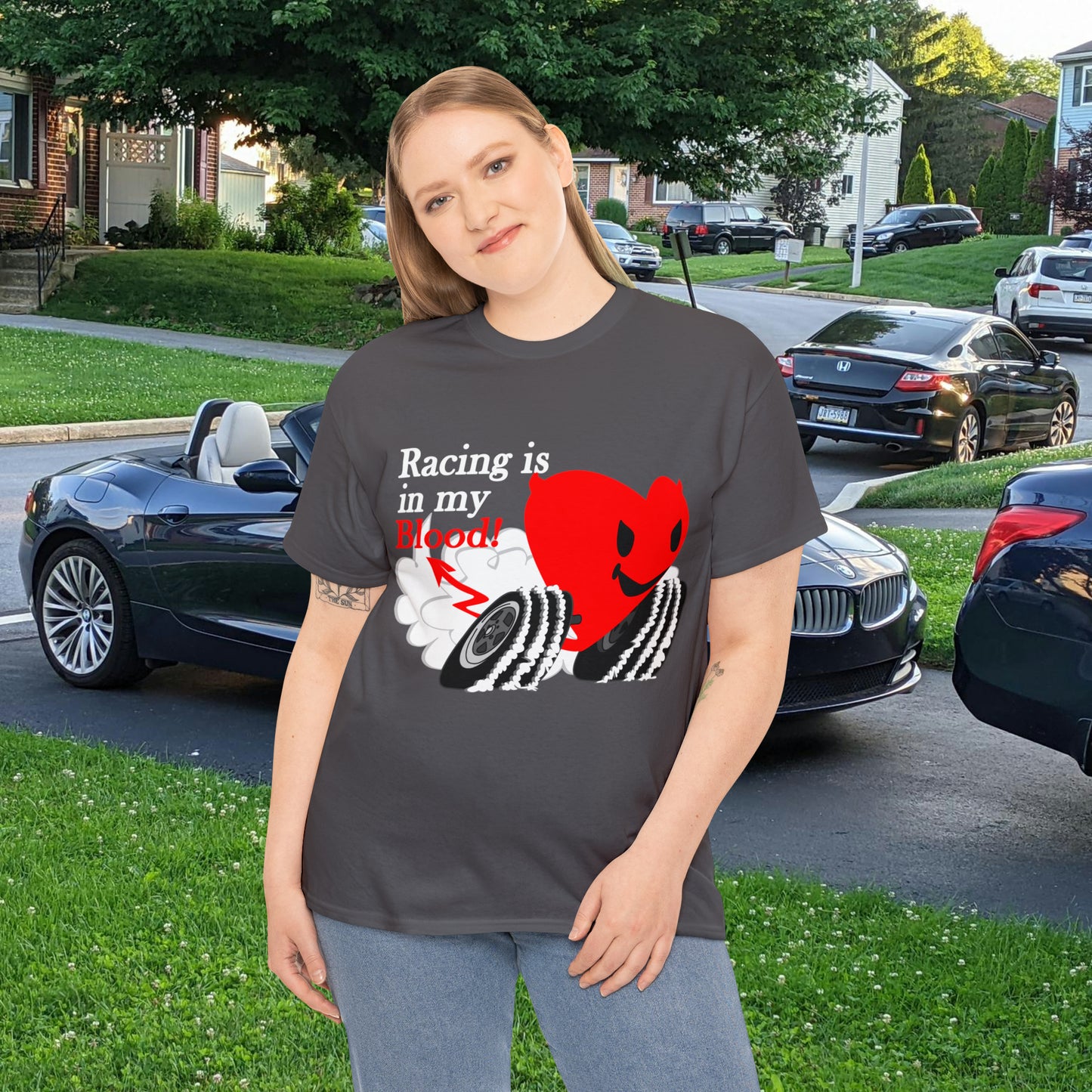 Racing is in my blood on front side- Unisex Heavy Cotton Tee