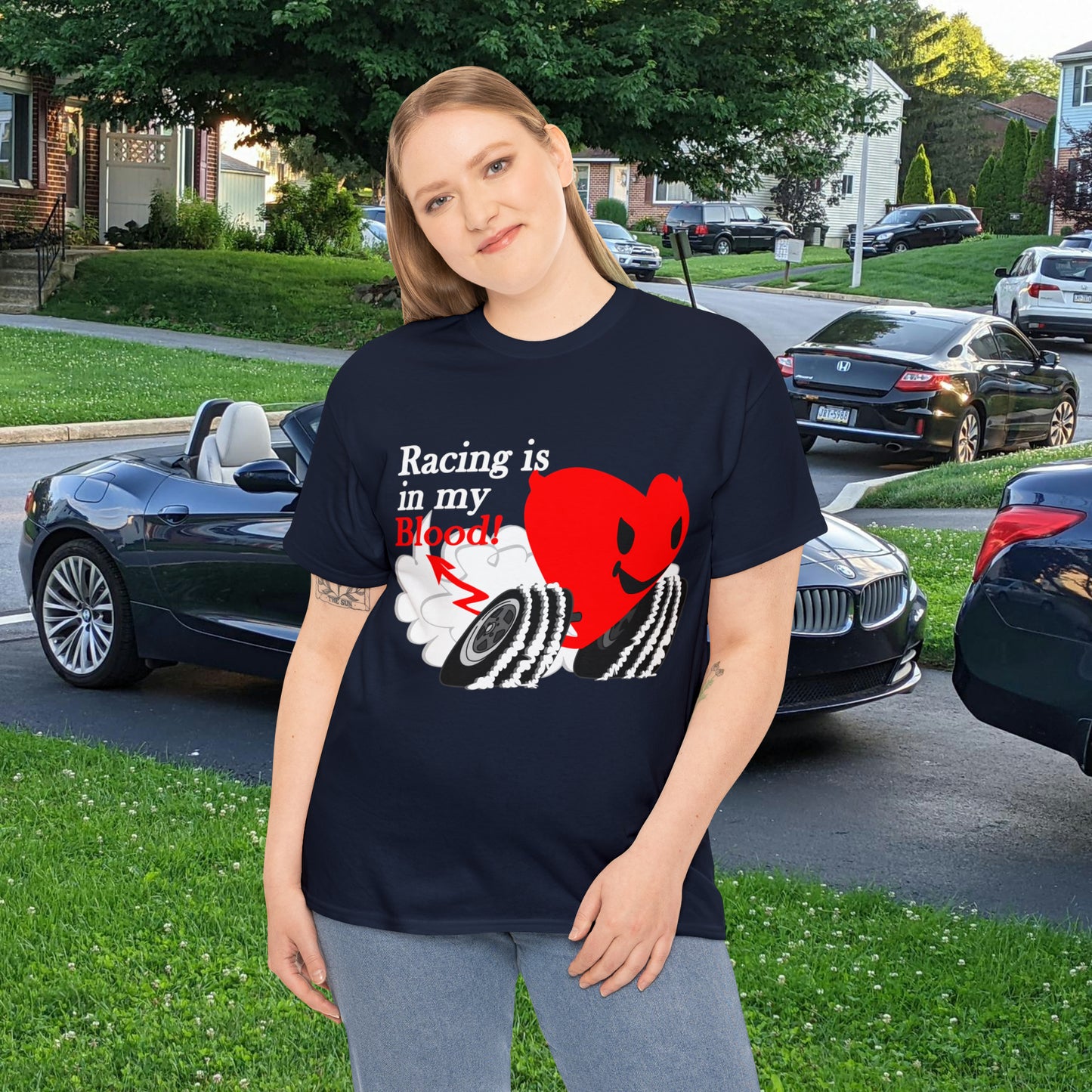 Racing is in my blood on front side- Unisex Heavy Cotton Tee