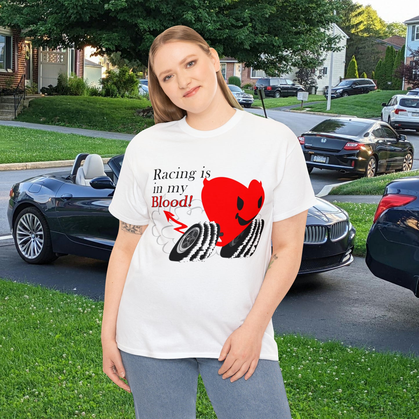 Racing is in my blood on front side- Unisex Heavy Cotton Tee