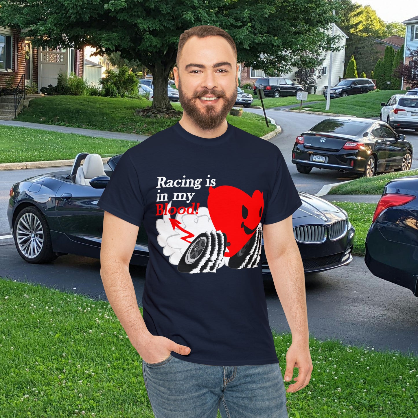 Racing is in my blood on front side- Unisex Heavy Cotton Tee