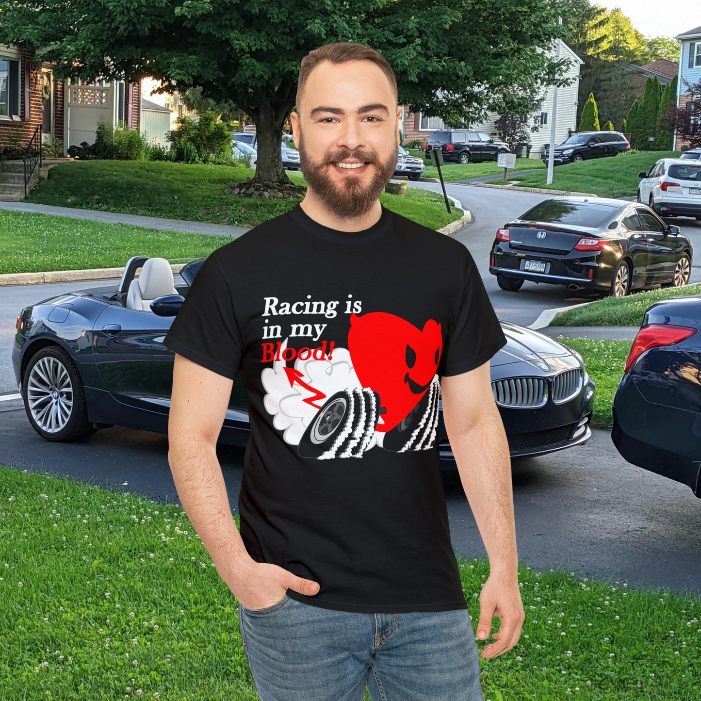 Racing is in my blood on front side- Unisex Heavy Cotton Tee